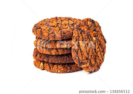 Freshly Baked Chocolate Chip Cookies Stacked on Top of Each Other With a Simple White Background Freshly Baked Chocolate Chip Cookies Stacked on Top of Each Other With a Simple White Background 138856512