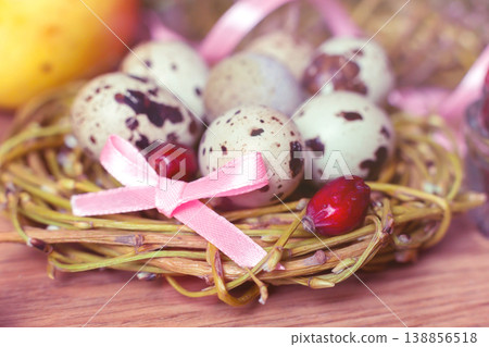 spring composition, nest with eggs near the bunch of heather, Easter. 138856518
