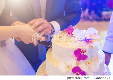 wedding cake. newlyweds at wedding cut a cake with a knife wedding cake. newlyweds at wedding cut a cake with a knife 138856574