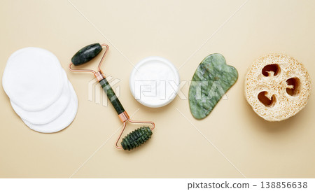 Natural beauty skincare set including marble roller, gua sha and facial cream Natural beauty skincare set including marble roller, gua sha and facial cream 138856638