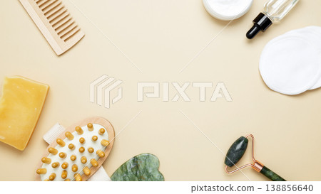 Natural beauty care set with marble roller gua sha body brush cream and serum Natural beauty care set with marble roller gua sha body brush cream and serum 138856640