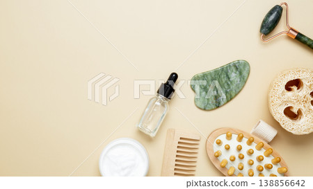 Natural beauty care set including facial cream, serum, marble roller, gua sha, and wooden body brush Natural beauty care set including facial cream, serum, marble roller, gua sha, and wooden body brush 138856642