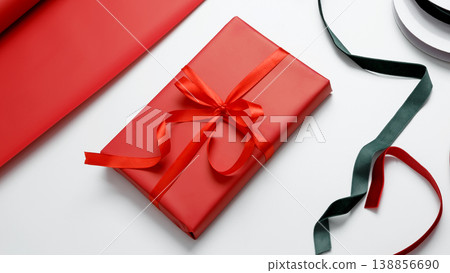 Gift wrapped in red paper and tied with satin ribbon ready for holiday celebration Gift wrapped in red paper and tied with satin ribbon ready for holiday celebration 138856690
