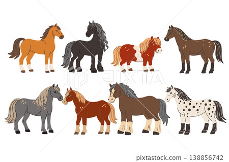 Set of different breeds of horses, hand drawn vector illustration. 138856742