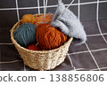 Basket holding vibrant yarn balls prepared for knitting and crafting projects 138856806