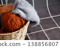 Basket holding vibrant yarn balls prepared for knitting and crafting projects 138856807
