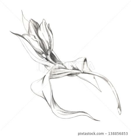 Hand drawn tulip, persian lily, crocus flower with minimal pencil lines. Isolated botanical illustration with detailed shading. Bridal event invitations, romantic posters, spring stationery design 138856853
