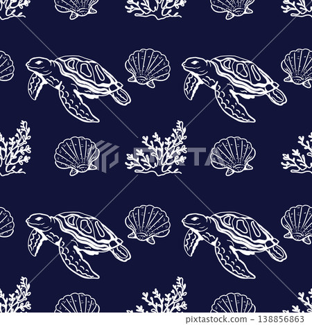 Hand drawn seamless pattern with sea turtles and shells on deep blue background 138856863