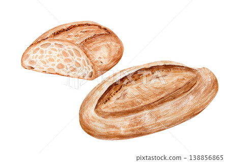 Artisan sourdough bread watercolor set whole loaf, cut slice with detailed crumb texture. Hand painted rustic bakery illustration for packaging design, organic branding, bakery product presentation Artisan sourdough bread watercolor set whole loaf, cut slice with detailed crumb texture. Hand painted rustic bakery illustration for packaging design, organic branding, bakery product presentation 138856865