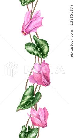 Pink cyclamen flower seamless vertical border on isolated background. Watercolor hand drawn floral pattern for botanical design. Romantic spring nature decoration for wedding invitation decor Pink cyclamen flower seamless vertical border on isolated background. Watercolor hand drawn floral pattern for botanical design. Romantic spring nature decoration for wedding invitation decor 138856875