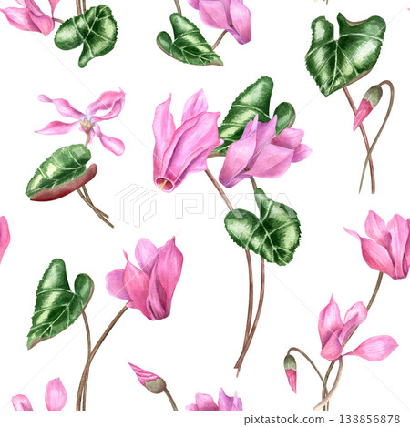 Watercolor seamless pattern with pink cyclamen flowers and green leaves. Botanical illustration of spring floral ornate on isolated background. Hand drawn painting for textile design, wallpaper print 138856878