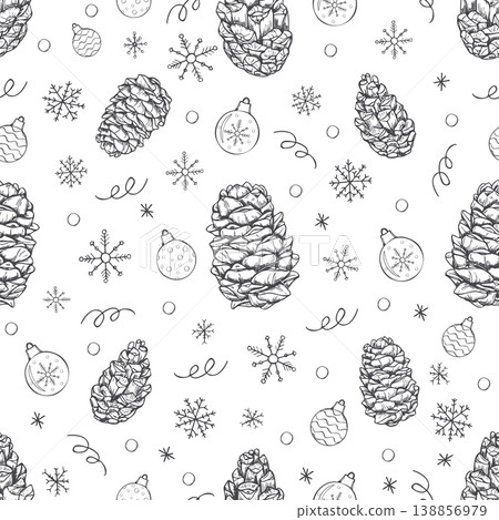 Pine cone, snowflake and Christmas ornament seamless pattern. Hand drawn sketch of winter festive elements in monochrome ink style. Xmas illustration for holiday wrapping paper and wallpaper Pine cone, snowflake and Christmas ornament seamless pattern. Hand drawn sketch of winter festive elements in monochrome ink style. Xmas illustration for holiday wrapping paper and wallpaper 138856979