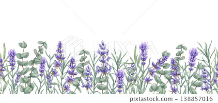 Watercolor lavender and eucalyptus seamless banner on isolated background. Floral pattern with purple flower and green leaf. Botanical design for wedding invitation, greeting card and decoration. 138857016