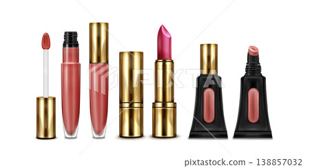 Lip gloss tube, bottle and stick set isolated 138857032