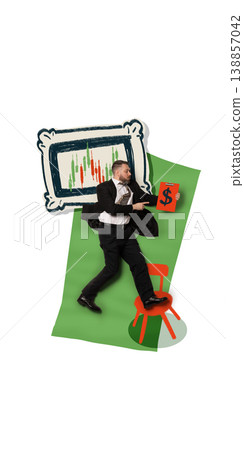 Businessman presenting financial results with chart and profit growth indicator. Businessman presenting financial results with chart and profit growth indicator. 138857042