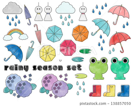 一組以雨季為主題的普普風格插畫（水彩風格） 138857050