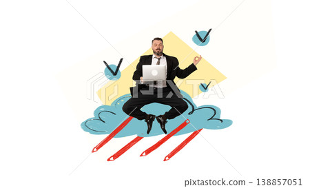 Calm businessman using laptop on childlike illustration style cloud surrounded by check marks. 138857051