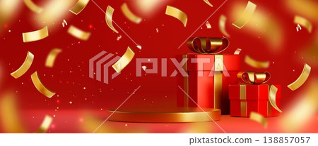 3d gold podium, red gift boxes with golden ribbon 138857057