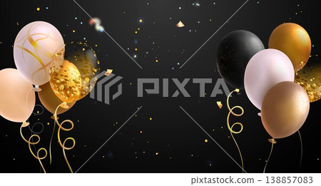 Gold, white balloons and confetti on black bg 138857083