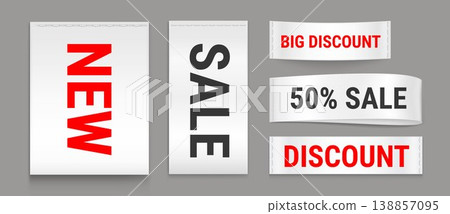White fabric sale labels, realistic sewn texture White fabric sale labels, realistic sewn texture 138857095
