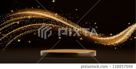 Gold black podium, flowing golden wavy sparkles Gold black podium, flowing golden wavy sparkles 138857098