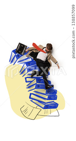 Businessman falling from stack of folders in chaotic workload overload situation. Businessman falling from stack of folders in chaotic workload overload situation. 138857099