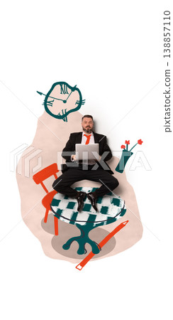 Businessman sitting with laptop on table under clock illustrating remote work routine. Businessman sitting with laptop on table under clock illustrating remote work routine. 138857110