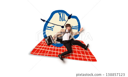Businessman running from large clock with childlike illustration style. Businessman running from large clock with childlike illustration style. 138857123