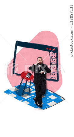 Businessman talking on phone near web interface illustration with childlike illustration style. Businessman talking on phone near web interface illustration with childlike illustration style. 138857133