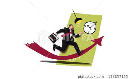 Businessman running with briefcase along upward arrow and clock with hand-drawn illustration style. Businessman running with briefcase along upward arrow and clock with hand-drawn illustration style. 138857135