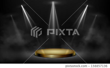 Round golden pedestal illuminated with spotlights Round golden pedestal illuminated with spotlights 138857136