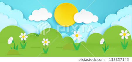 Spring paper cut landscape with grass meadow 138857143