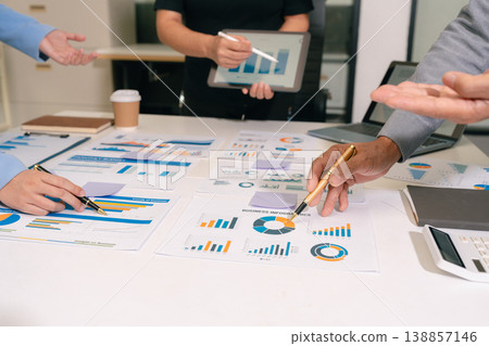Business meeting account managers crew working search page on computer with new startup project. Idea presentation, analyze plans. Business meeting account managers crew working search page on computer with new startup project. Idea presentation, analyze plans. 138857146