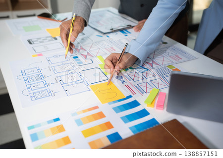 Creative digital development agency. developer team brainstorming on their project with laptop, smartphone and digital tablet. Creative digital development agency. developer team brainstorming on their project with laptop, smartphone and digital tablet. 138857151