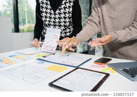 Creative digital development agency. developer team brainstorming on their project with laptop, smartphone and digital tablet. Creative digital development agency. developer team brainstorming on their project with laptop, smartphone and digital tablet. 138857157