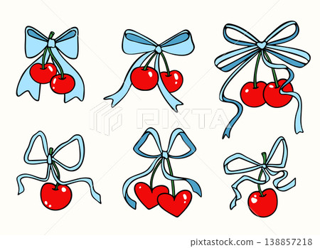 Cute cherry heart with coquette bow, doodle style 138857218