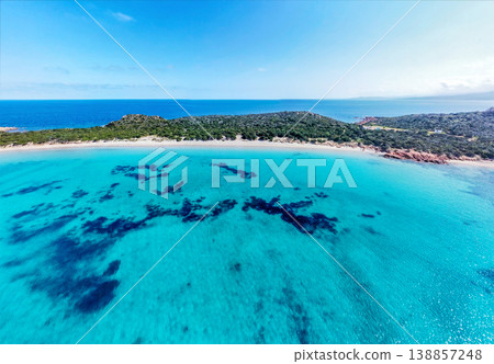 Aerial view of Capo Coda Cavallo blue sea in springtime Aerial view of Capo Coda Cavallo blue sea in springtime 138857248