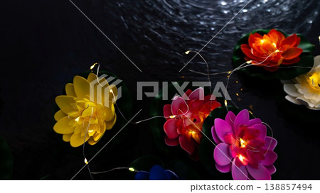 Vesak lantern lotus flowers floating on dark water, Buddha birthday celebration background Vesak lantern lotus flowers floating on dark water, Buddha birthday celebration background 138857494