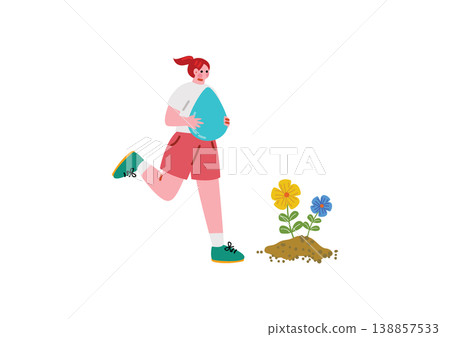 Illustration of a woman watering flowers Illustration of a woman watering flowers 138857533