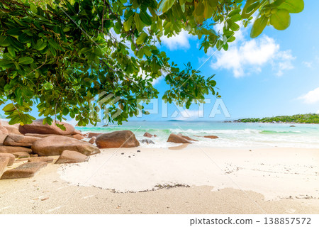 White sand, rocks and tropical vegetation by the sea 138857572