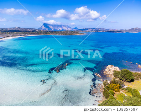 Aerial view of Cala Brandinchi vegetation and turquoise water Aerial view of Cala Brandinchi vegetation and turquoise water 138857597