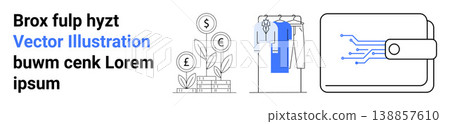 Financial services, digital payments, online shopping, e-commerce, fintech, technology. Money tree growing coins, clothes on a hanger electronic wallet. Financial services and digital payments 138857610