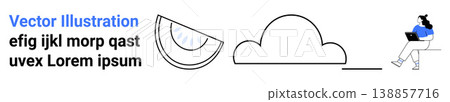 Remote work, creative processing, digital communication, simplicity, cloud computing, vector design. Clean layout a cloud, watermelon slice and seated woman on a device. Remote work and creative Remote work, creative processing, digital communication, simplicity, cloud computing, vector design. Clean layout a cloud, watermelon slice and seated woman on a device. Remote work and creative 138857716