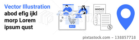 Online shopping, billing systems, digital transactions, e-commerce management, customer service, business tools. a shopping cart, invoice and location pin. E-commerce and billing systems concept Online shopping, billing systems, digital transactions, e-commerce management, customer service, business tools. a shopping cart, invoice and location pin. E-commerce and billing systems concept 138857718