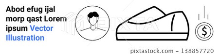 Financial transactions, personal shopping, fashion commerce, monetary concepts, digital shopping, ecommerce. A person icon, shoe graphic and a coin symbol. Financial transactions and ecommerce Financial transactions, personal shopping, fashion commerce, monetary concepts, digital shopping, ecommerce. A person icon, shoe graphic and a coin symbol. Financial transactions and ecommerce 138857720