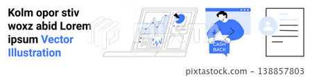 Business analysis, ecommerce rewards, digital profiles, technology, data visualization, online services. Laptop showing analytics, cashback banner digital profile window. Business analysis Business analysis, ecommerce rewards, digital profiles, technology, data visualization, online services. Laptop showing analytics, cashback banner digital profile window. Business analysis 138857803
