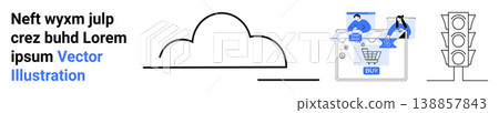 Cloud technology, e-commerce, internet connectivity, shopping trends, digital economy, traffic management. Abstract cloud, shopping cart with users and traffic light icons. Cloud technology Cloud technology, e-commerce, internet connectivity, shopping trends, digital economy, traffic management. Abstract cloud, shopping cart with users and traffic light icons. Cloud technology 138857843