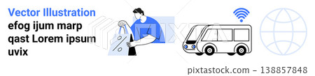 Transportation, connectivity, smart city planning, global communication, public transit, eco-innovation. Man holding material, bus with wireless globe. Transportation and connectivity theme Transportation, connectivity, smart city planning, global communication, public transit, eco-innovation. Man holding material, bus with wireless globe. Transportation and connectivity theme 138857848