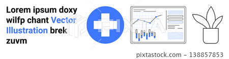 Healthcare, data analysis, business reports, workplace , modern concepts, infographics. Blue medical cross, chart-filled dashboard and a potted plant. Healthcare and data analysis visualization Healthcare, data analysis, business reports, workplace , modern concepts, infographics. Blue medical cross, chart-filled dashboard and a potted plant. Healthcare and data analysis visualization 138857853