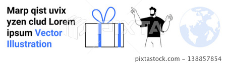 Gifting, global trade, online shopping, celebration, business marketing, communication. Includes a gift box, a gesturing man and a globe icon. Gifting and global trade concepts 138857854